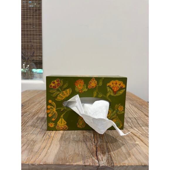Vintage Boho Floral Tissue Box Cover Hand Painted Green Folk Art 1970s Decoupage - Picture 5 of 7